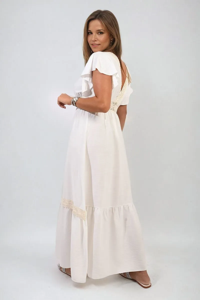 V-neck Lace Trim Maxi Dress