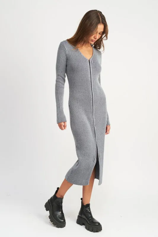 V-Neck Midi Ribbed Knit Dress With Two Way Zipper