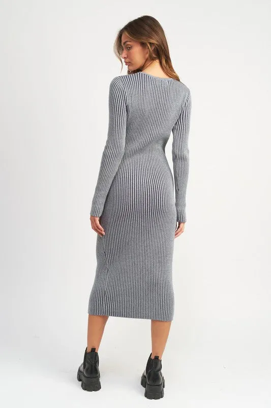 V-Neck Midi Ribbed Knit Dress With Two Way Zipper