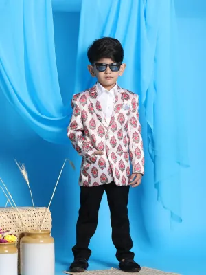 VASTRAMAY Boy's Cream Base Multi-Color Printed Blazer