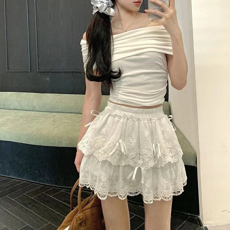 Vevesc Coquette White Lace Short Skirt Ruffle Women Sweet Bow Kawaii Mini Skirts Patchwork Layered A-line Aesthetics Skirt