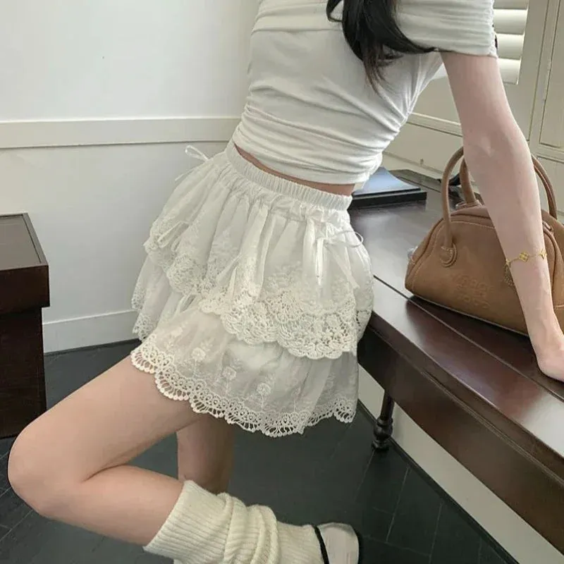 Vevesc Coquette White Lace Short Skirt Ruffle Women Sweet Bow Kawaii Mini Skirts Patchwork Layered A-line Aesthetics Skirt