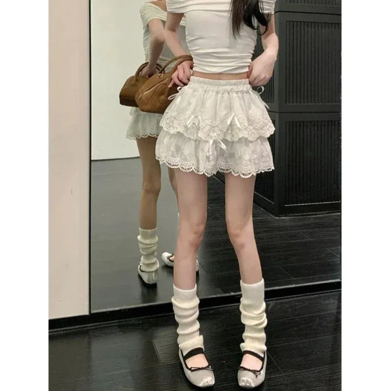 Vevesc Coquette White Lace Short Skirt Ruffle Women Sweet Bow Kawaii Mini Skirts Patchwork Layered A-line Aesthetics Skirt