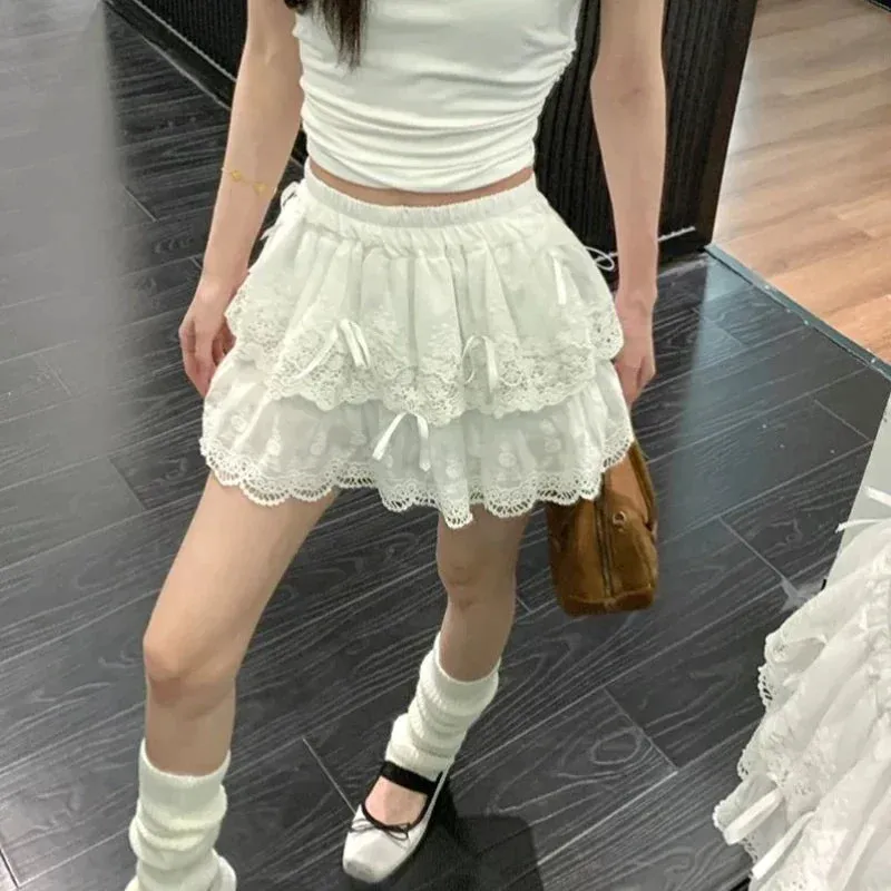 Vevesc Coquette White Lace Short Skirt Ruffle Women Sweet Bow Kawaii Mini Skirts Patchwork Layered A-line Aesthetics Skirt