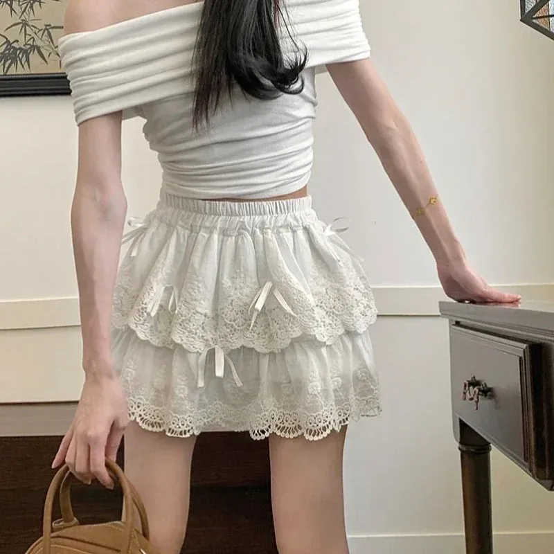 Vevesc Coquette White Lace Short Skirt Ruffle Women Sweet Bow Kawaii Mini Skirts Patchwork Layered A-line Aesthetics Skirt