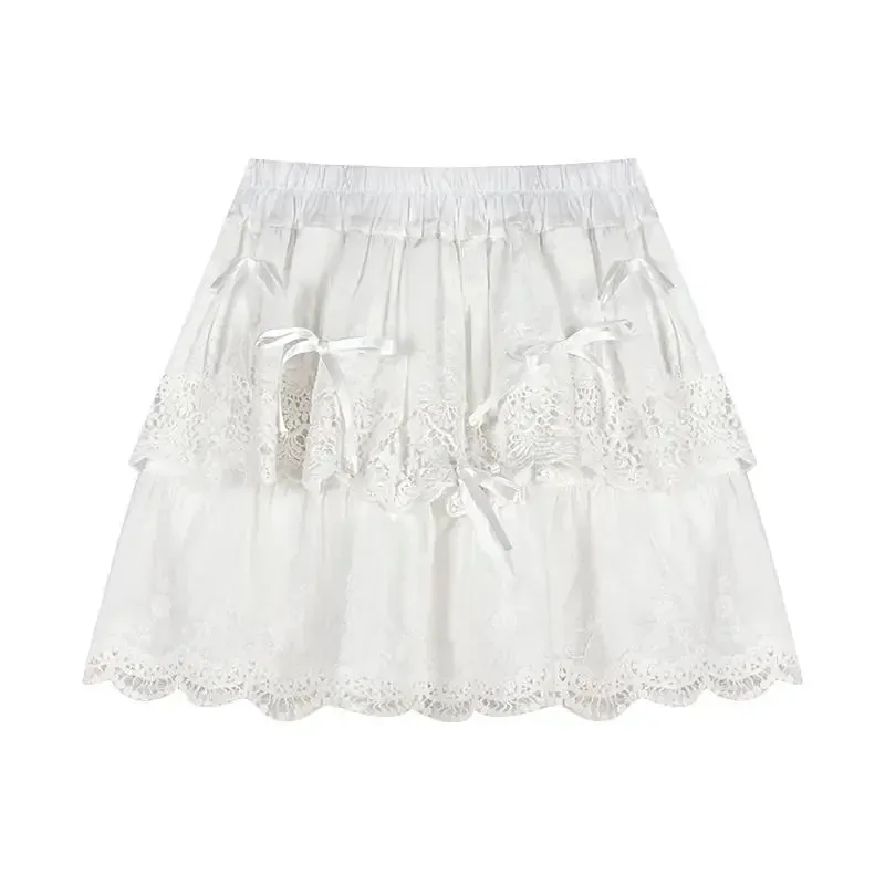 Vevesc Coquette White Lace Short Skirt Ruffle Women Sweet Bow Kawaii Mini Skirts Patchwork Layered A-line Aesthetics Skirt