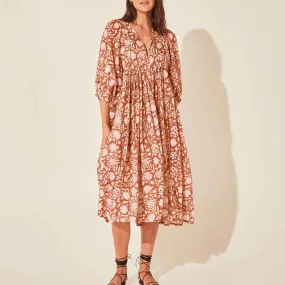 Vintage Floral Beach Bohemian Casual Holiday Fashion Lantern Sleeve V Neck Midi Loose Dress