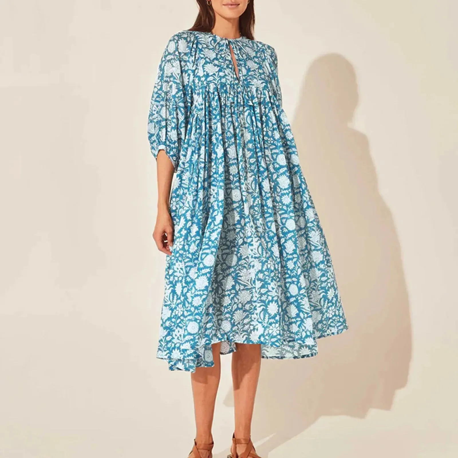 Vintage Floral Beach Bohemian Casual Holiday Fashion Lantern Sleeve V Neck Midi Loose Dress