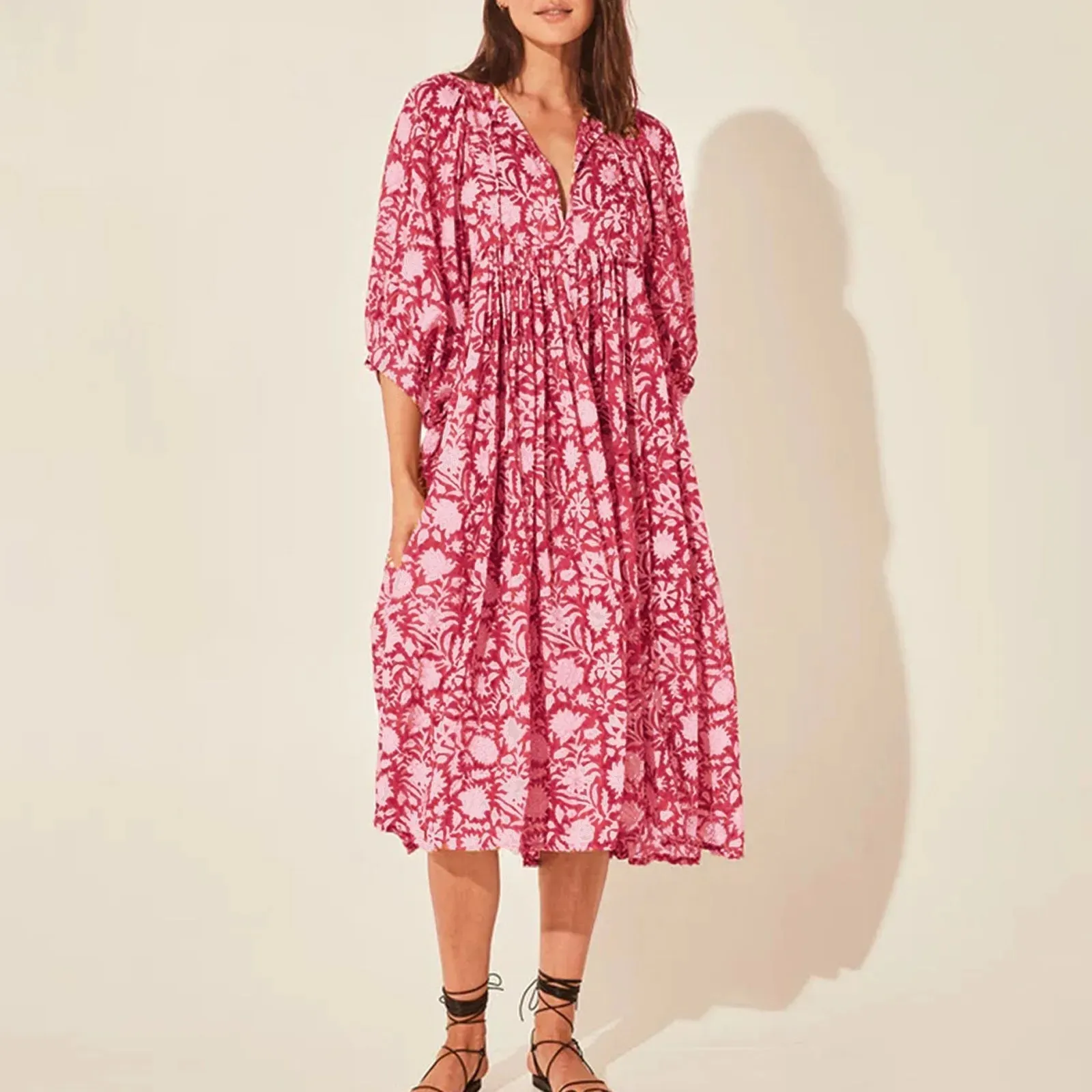 Vintage Floral Beach Bohemian Casual Holiday Fashion Lantern Sleeve V Neck Midi Loose Dress