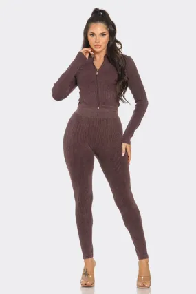 Washed Seamless Rib Zip Up Jacket And Leggings Set