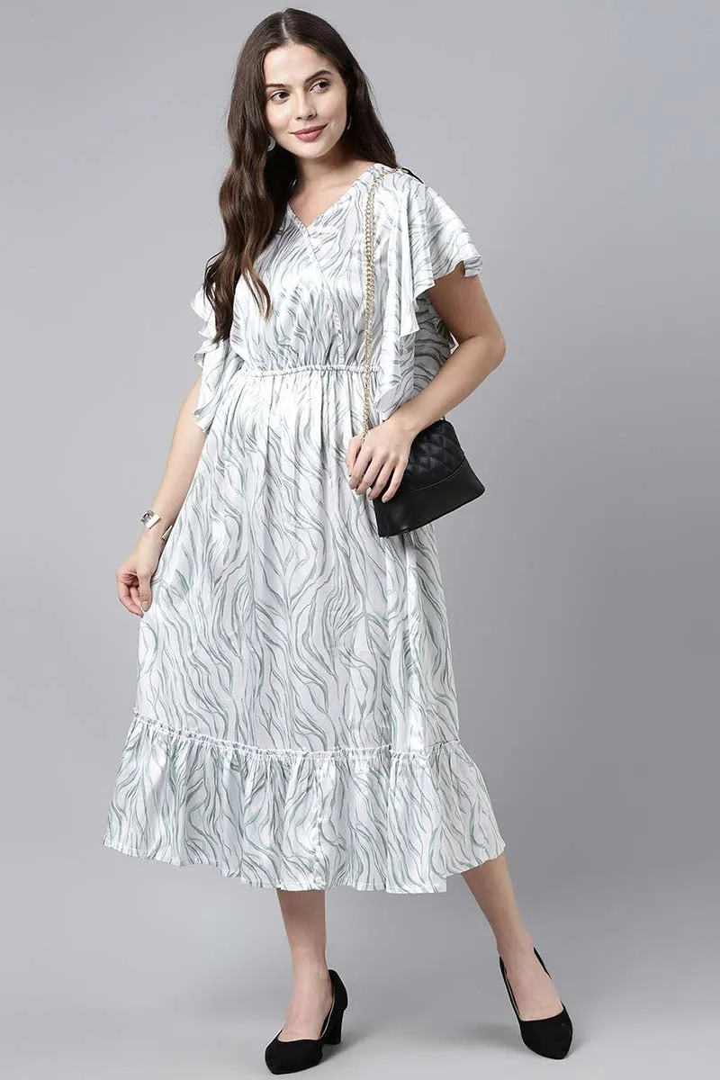 White & Green Printed Flared Sleeve Midi Dress