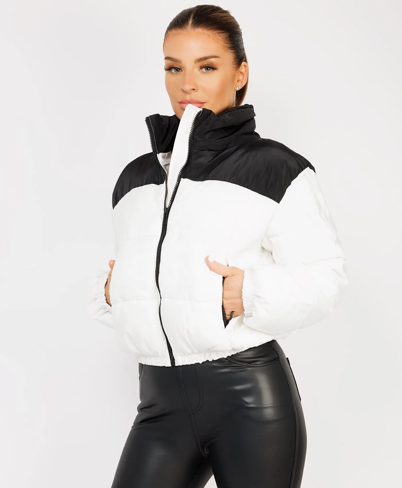 White Colour Block Padded Zipped Puffer Bomber Jacket