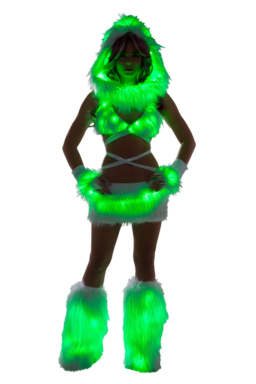 White Fur Light-up Legwarmers with Green lights