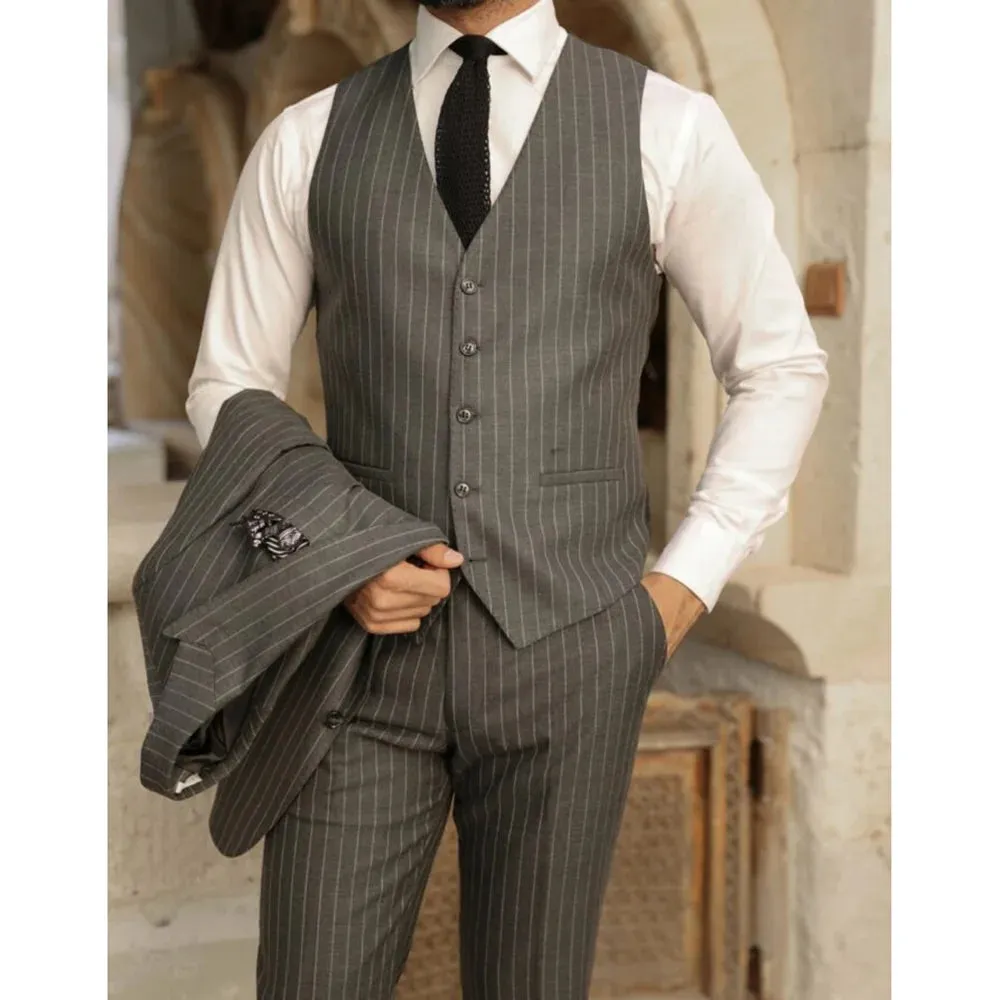 Wiaofellas  -  Chic Striped Men's Suits 3 Piece Business Casual Outfits Fashion Peak Lapel Single Breasted Male Suit Slim (Blazer Vest Pants)