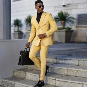 Wiaofellas  -  Fashion Yellow Business Suits For Men Double Breasted Slim Fit Blazer Hombre High Quality Custom 2 Piece Set Costume Homme