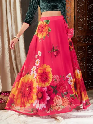 Women Fuchsia Floral Bias Flared Skirt