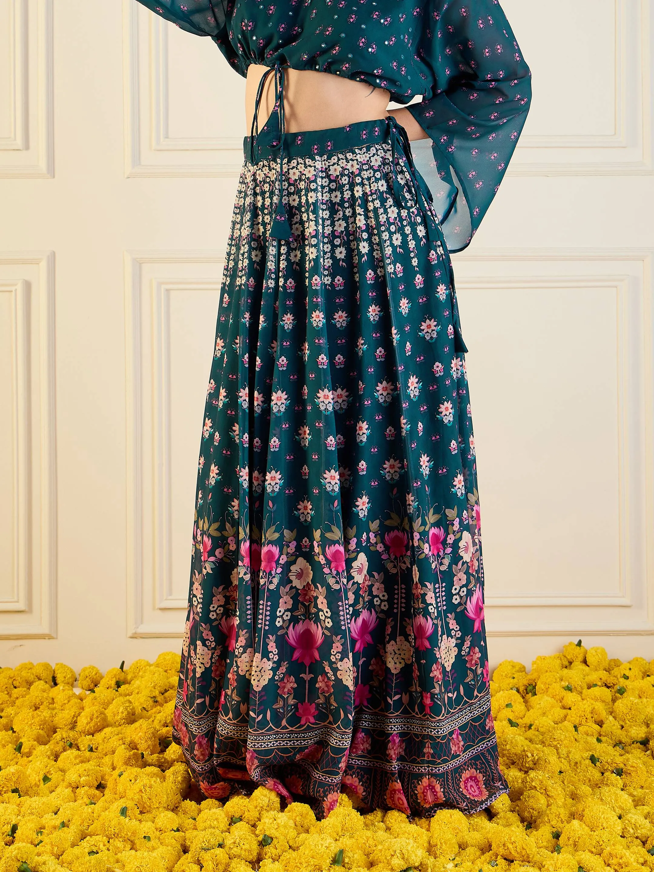 Women Green Floral Anarkali Skirt