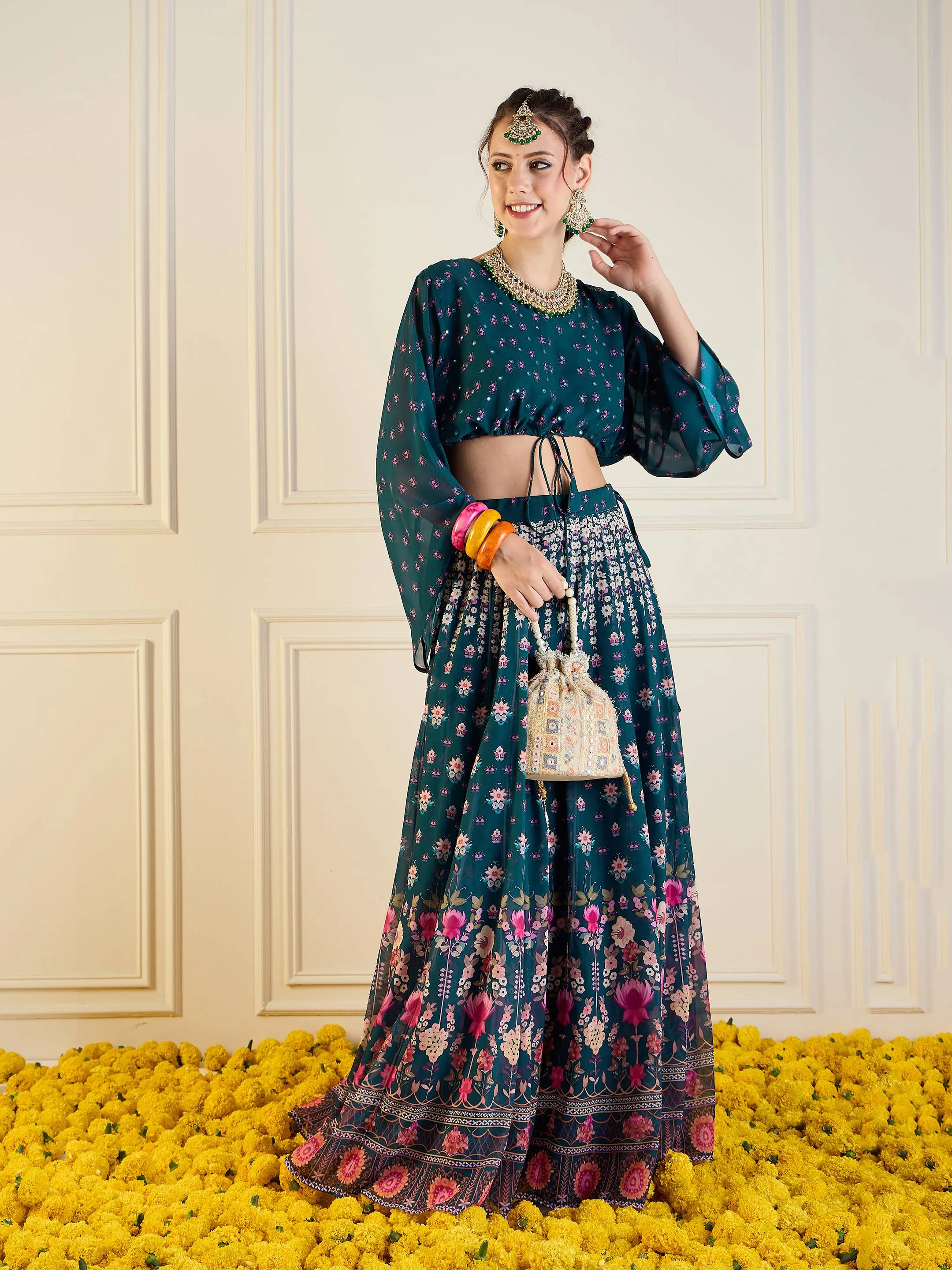 Women Green Floral Anarkali Skirt