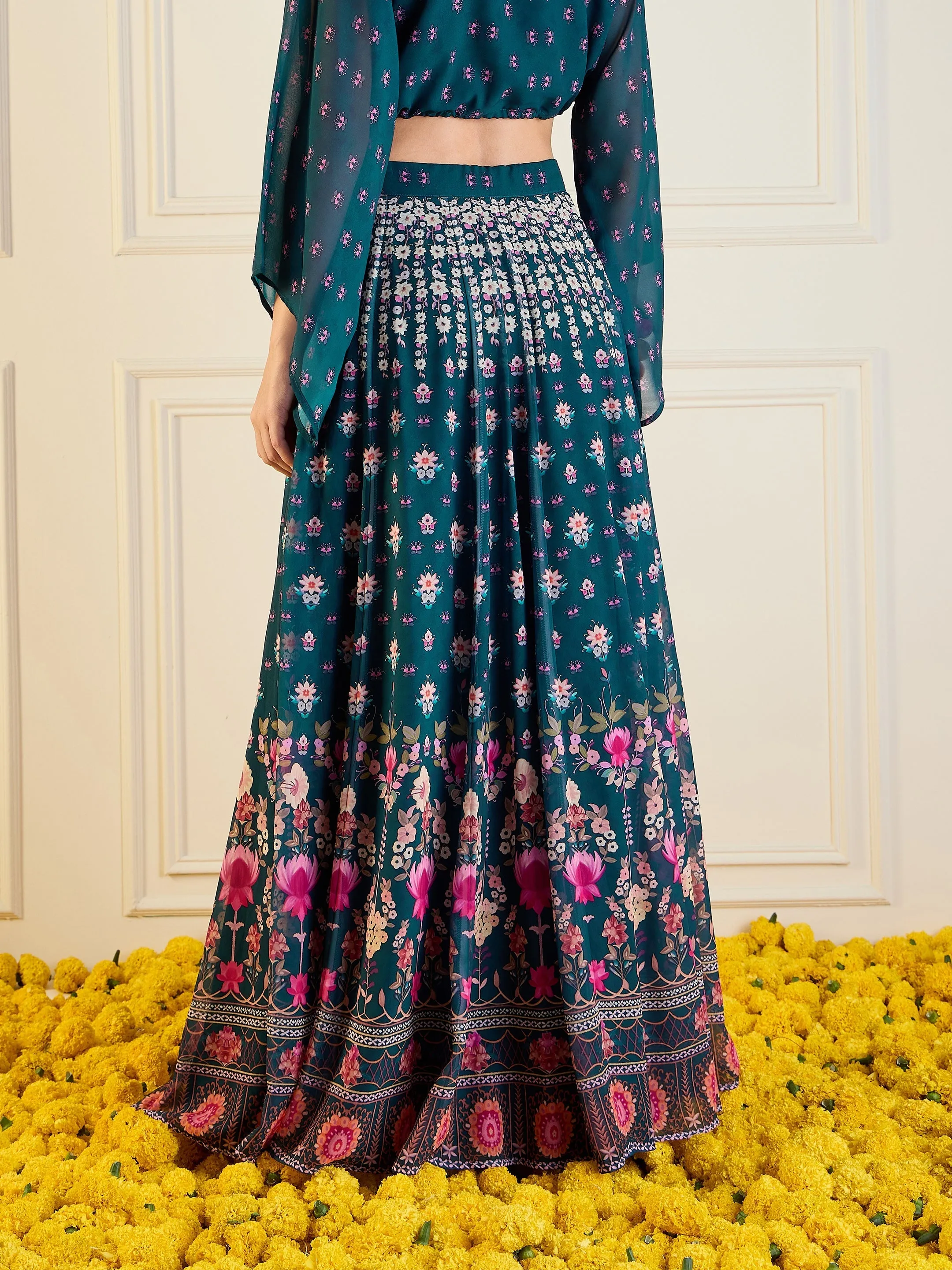 Women Green Floral Anarkali Skirt