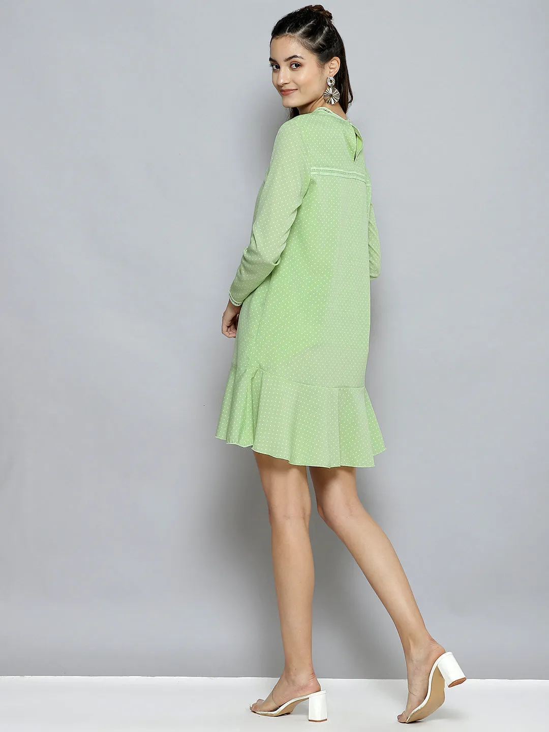 Women Green Pin Dot Frill Hem Dress