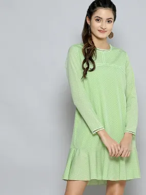 Women Green Pin Dot Frill Hem Dress