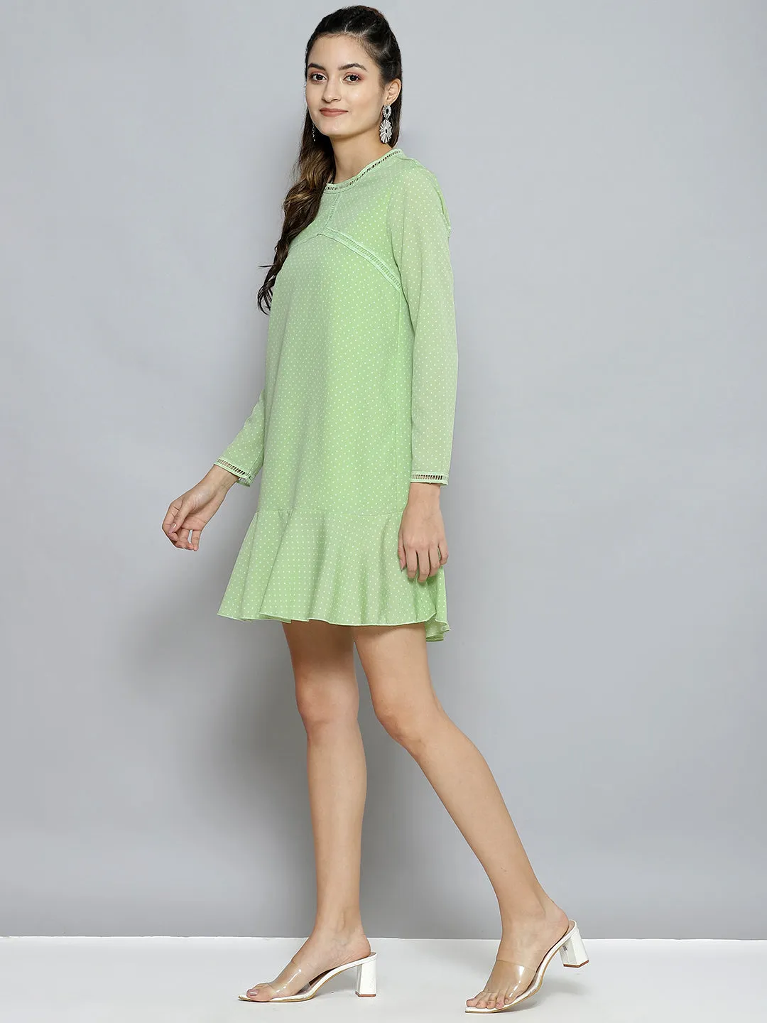 Women Green Pin Dot Frill Hem Dress