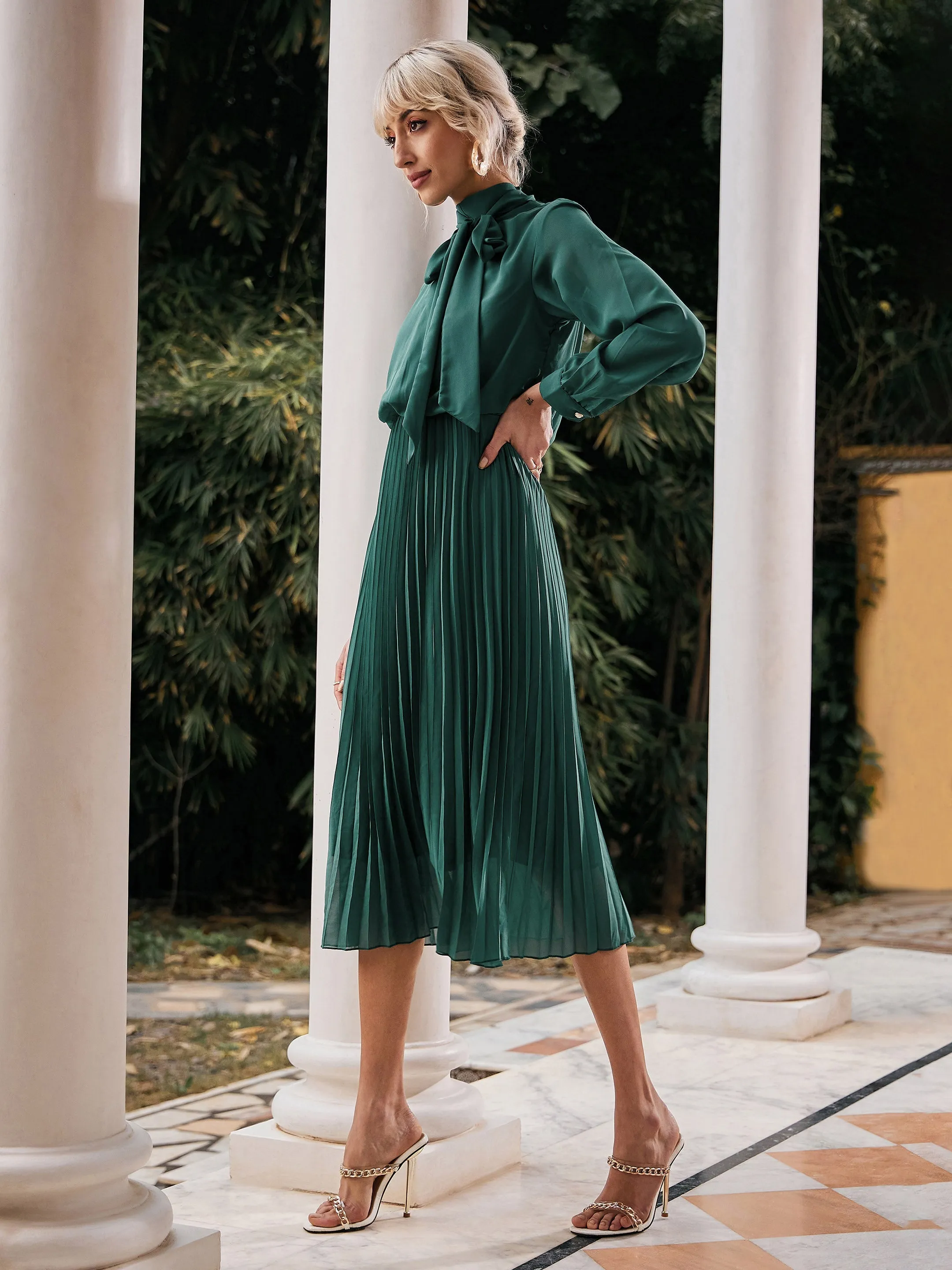 Women Green Tie-Up Neck Accordion Pleated Dress