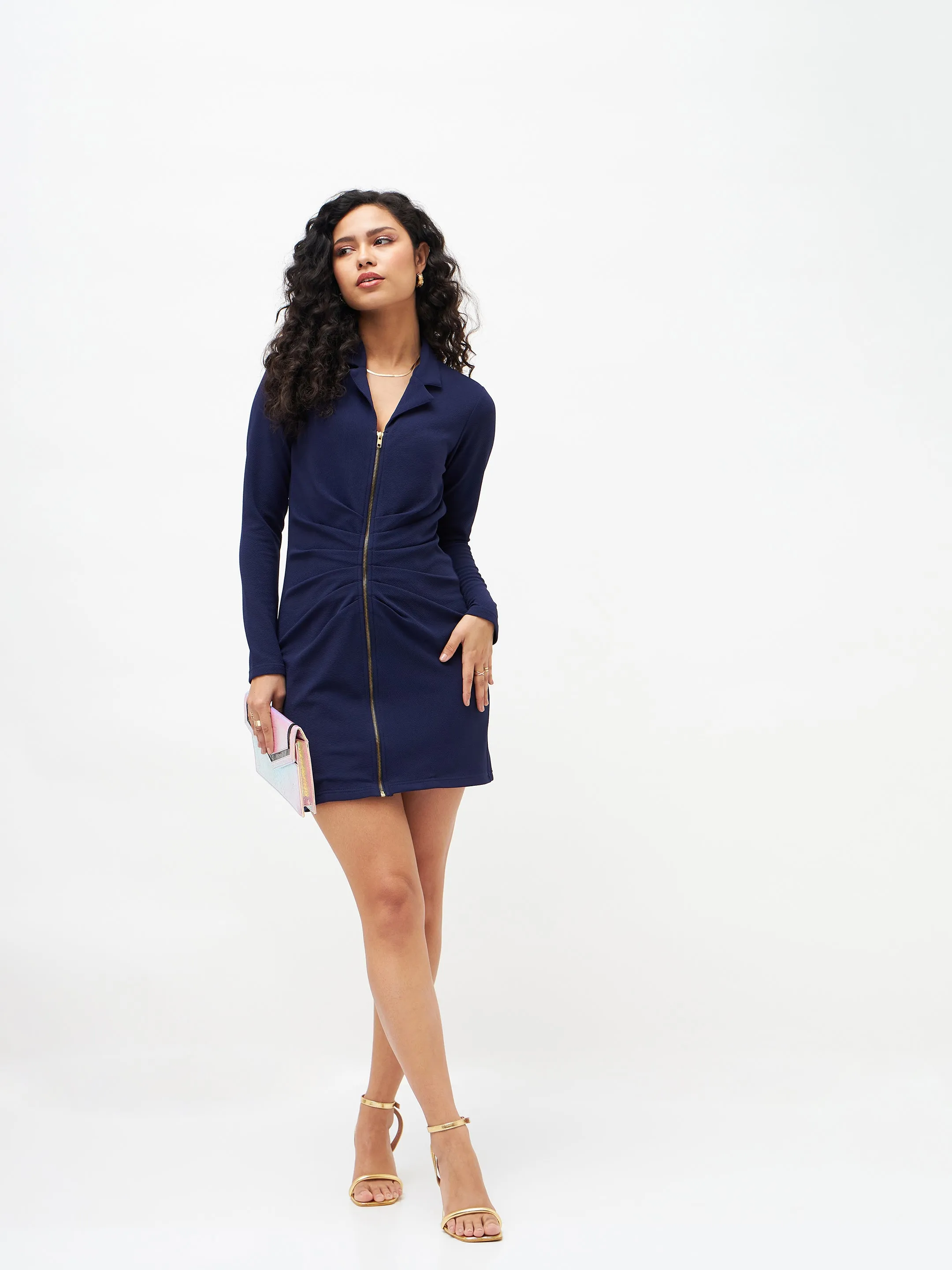 Women Navy Front Zipper Bodycon Dress