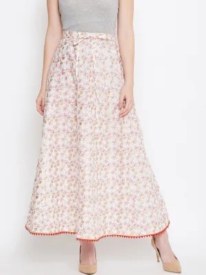 Women Off-White Pink And Gold-Toned Printed Flared Maxi Skirt