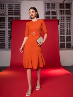 Women Orange Frill Hem Belted Midi Dress