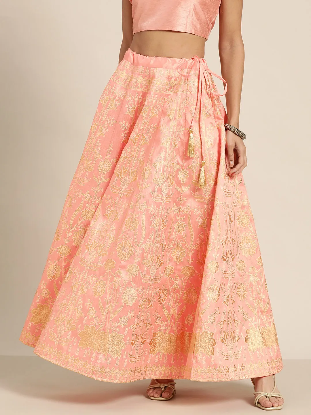 Women Peach Foil Print Anarkali Skirt