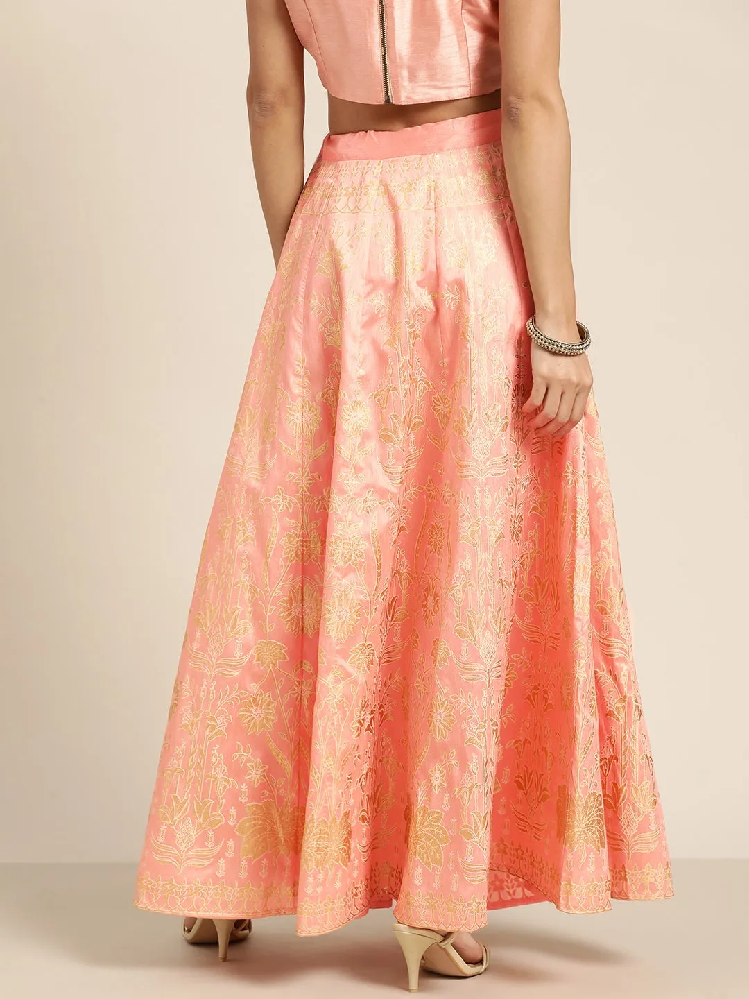 Women Peach Foil Print Anarkali Skirt