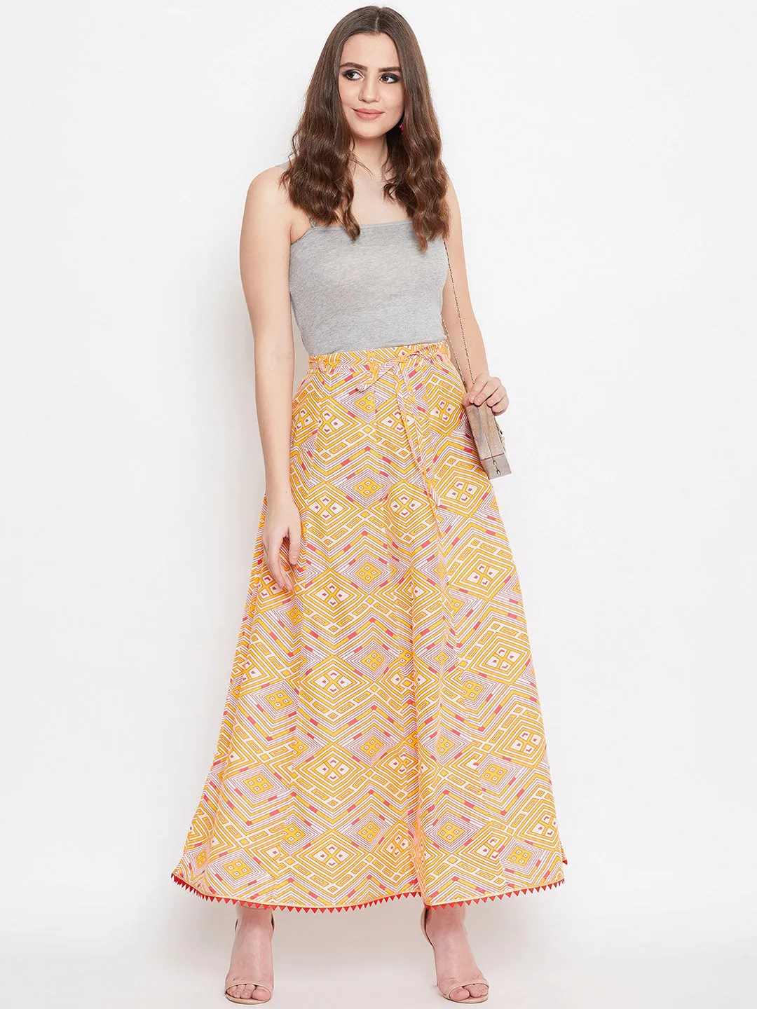 Women Yellow And Pink Printed Flared Maxi Skirt