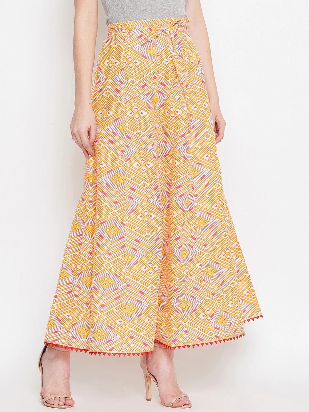 Women Yellow And Pink Printed Flared Maxi Skirt