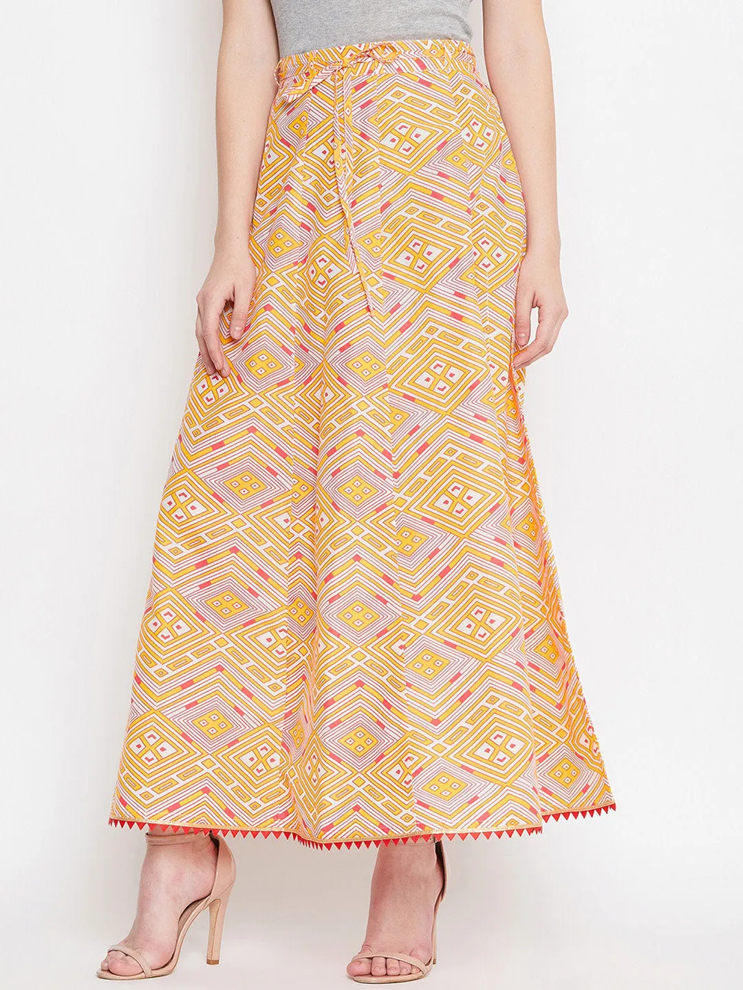 Women Yellow And Pink Printed Flared Maxi Skirt