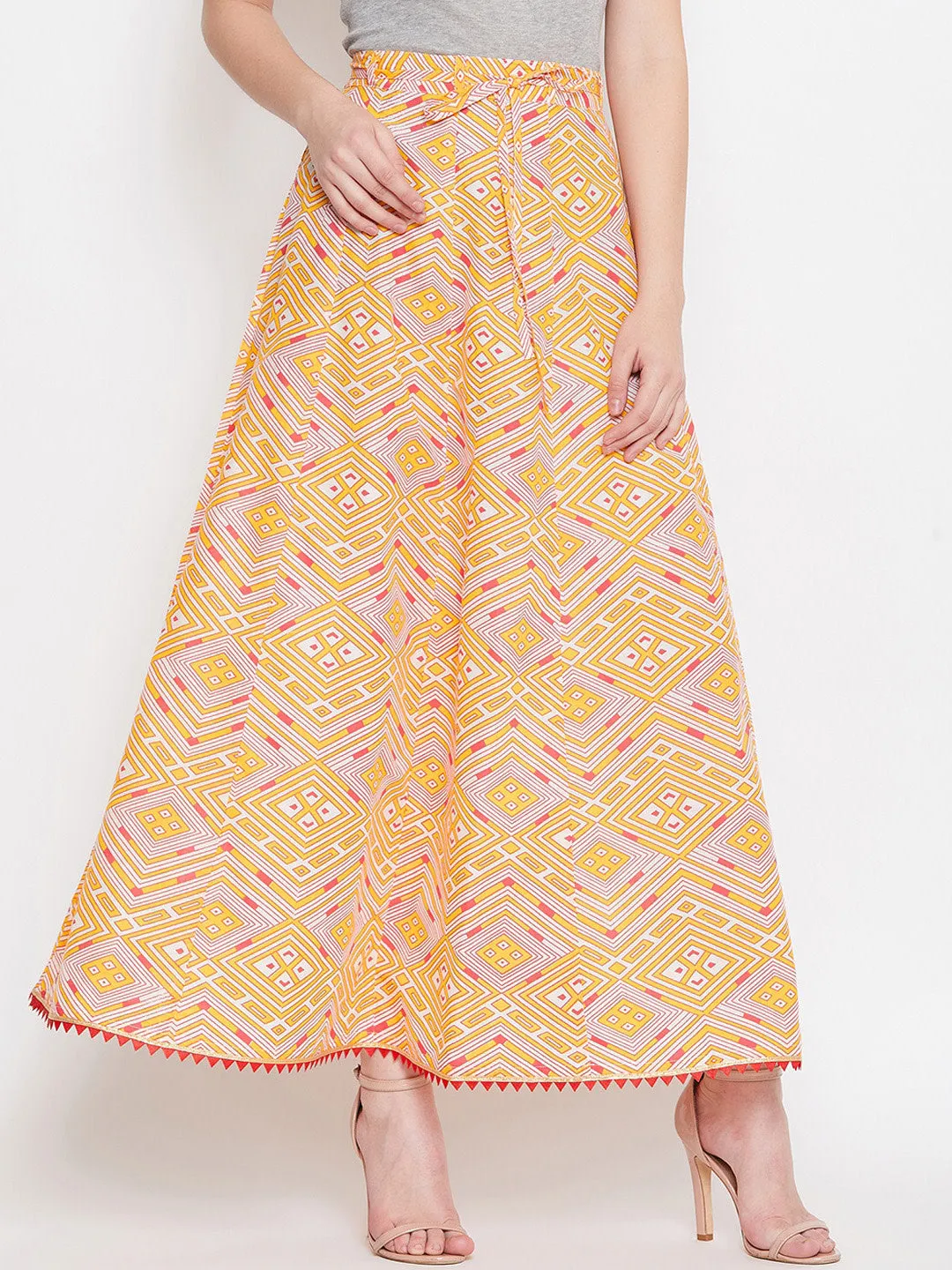 Women Yellow And Pink Printed Flared Maxi Skirt