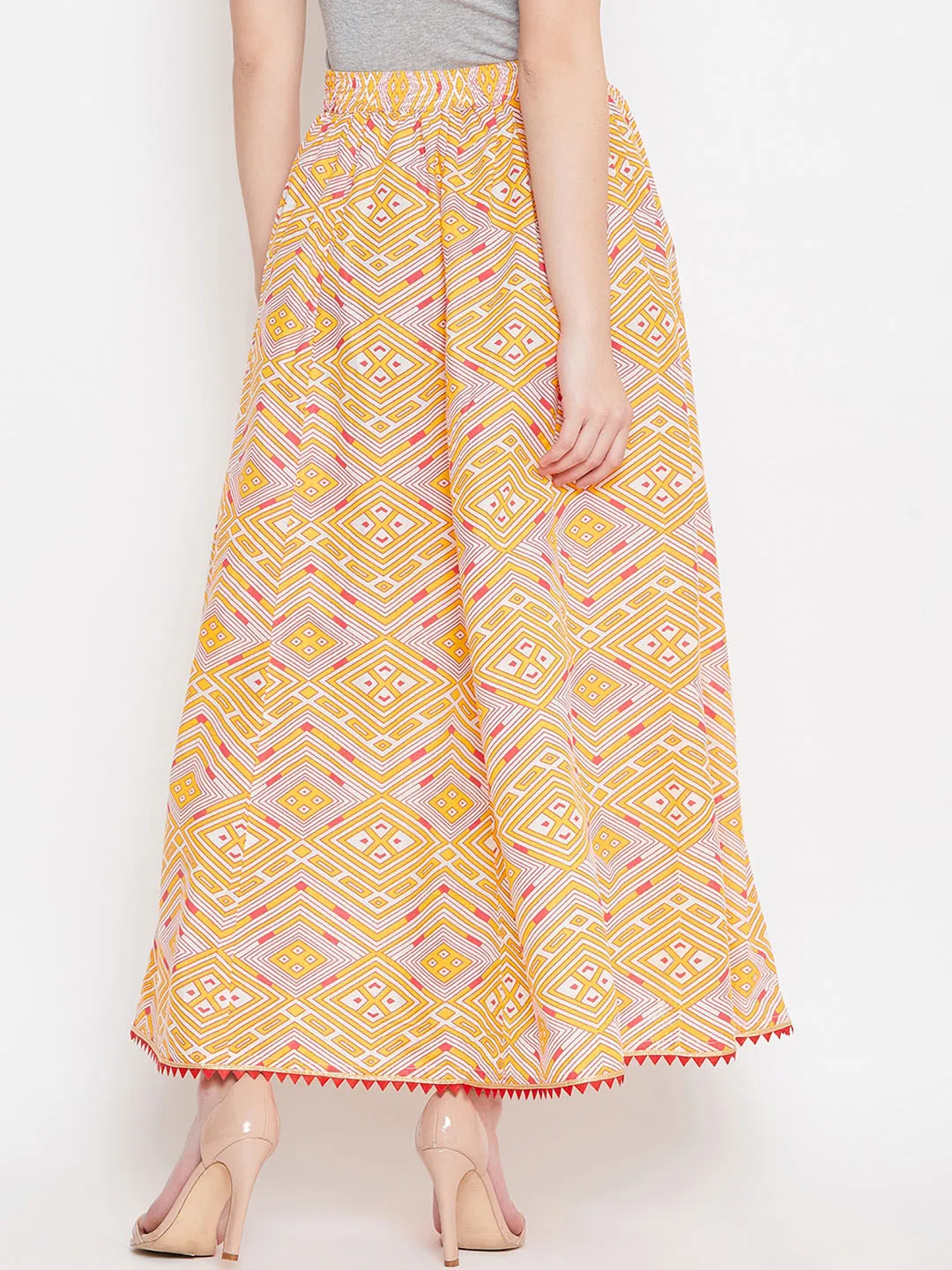 Women Yellow And Pink Printed Flared Maxi Skirt