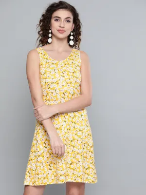 Women Yellow Ditsy Floral Back Knot Skater Dress