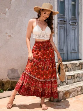 Women's Bohemian Hollow Printed Patchwork Skirt