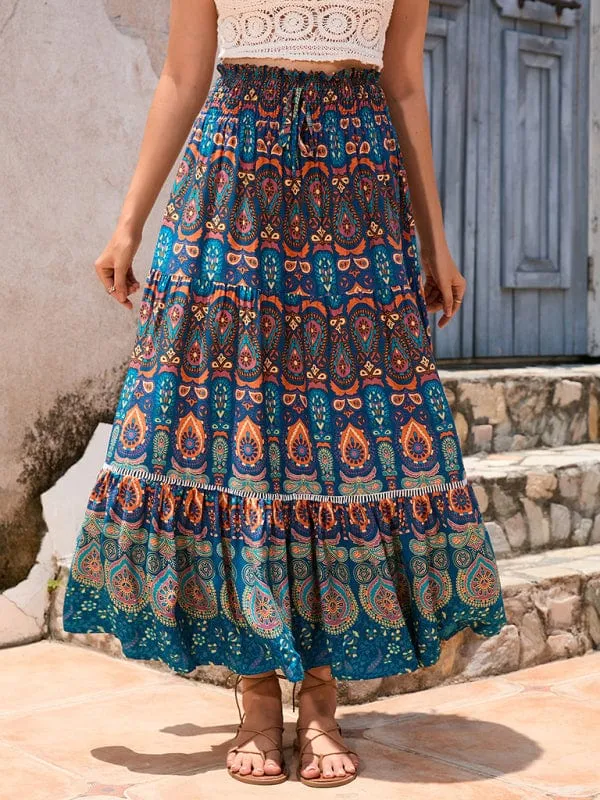 Women's Bohemian Hollow Printed Patchwork Skirt