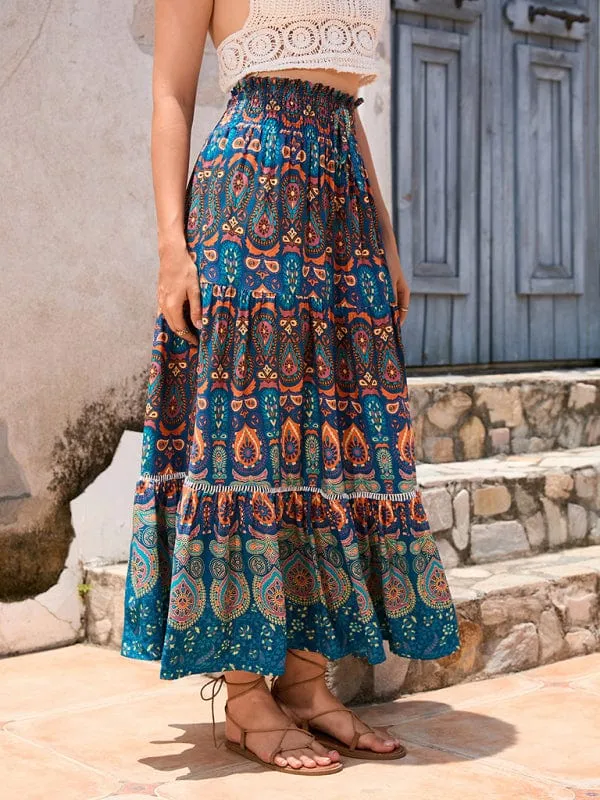 Women's Bohemian Hollow Printed Patchwork Skirt