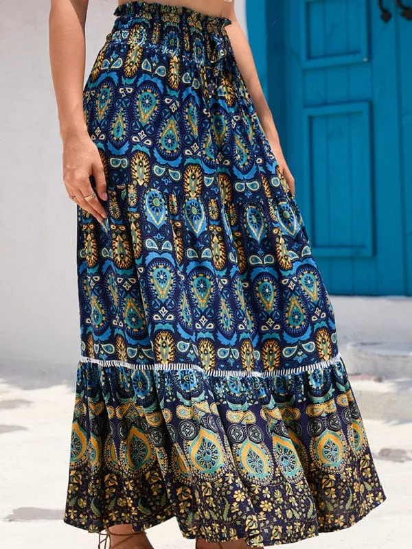 Women's Bohemian Hollow Printed Patchwork Skirt