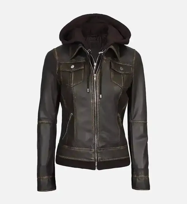 Women's Dark Brown Leather Jacket With Hood