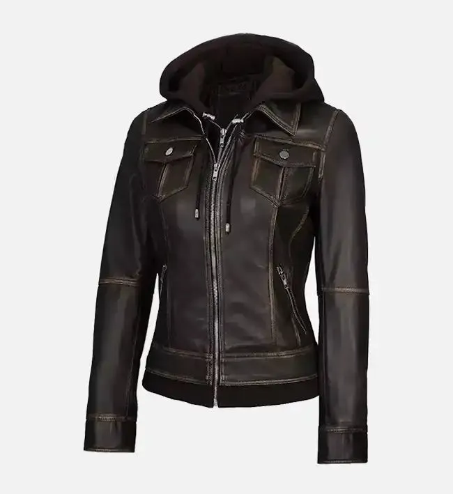 Women's Dark Brown Leather Jacket With Hood