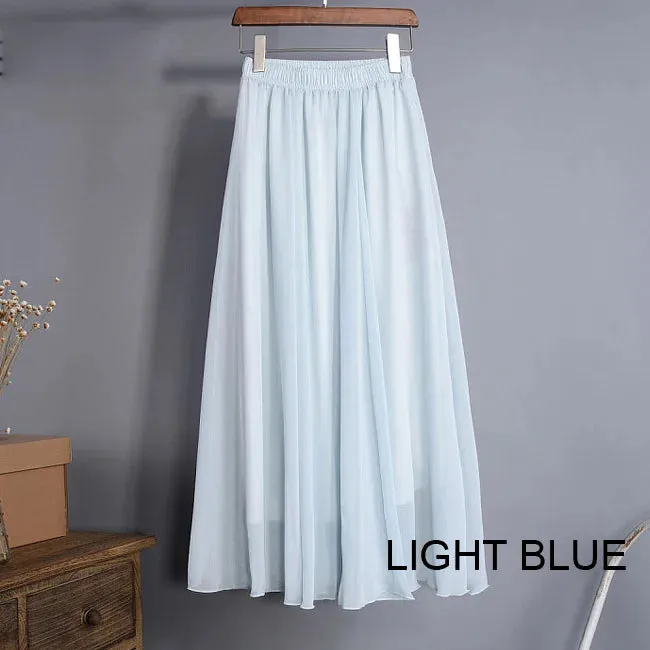 Women's Elegant High Waist Chiffon Skirt Elastic Waist Casual Long Maxi Skirts Saias 80/90/100cm 22 Color 2020 Summer Autumn New