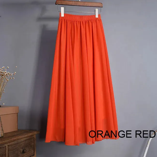 Women's Elegant High Waist Chiffon Skirt Elastic Waist Casual Long Maxi Skirts Saias 80/90/100cm 22 Color 2020 Summer Autumn New