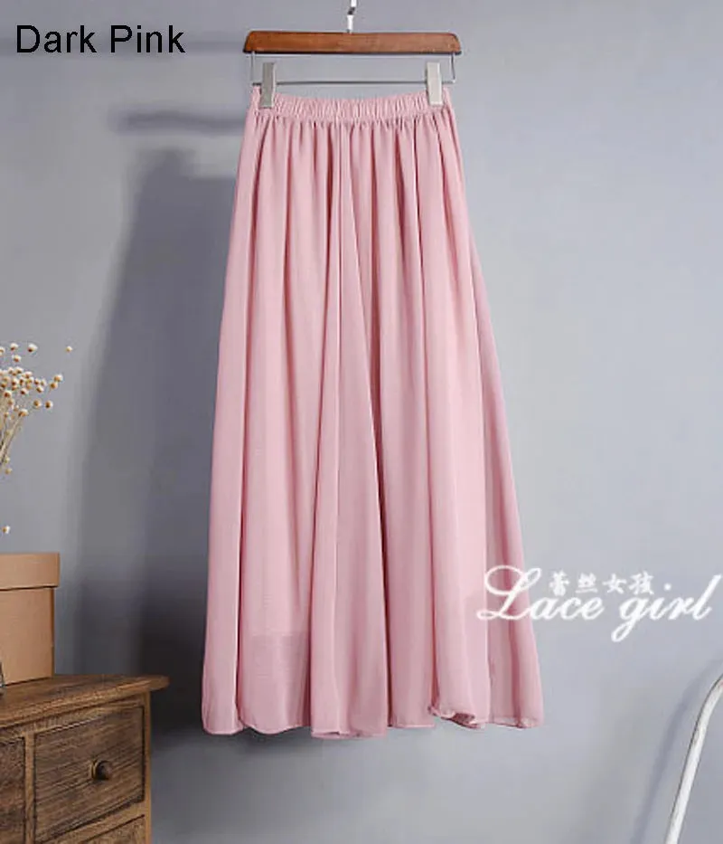 Women's Elegant High Waist Chiffon Skirt Elastic Waist Casual Long Maxi Skirts Saias 80/90/100cm 22 Color 2020 Summer Autumn New