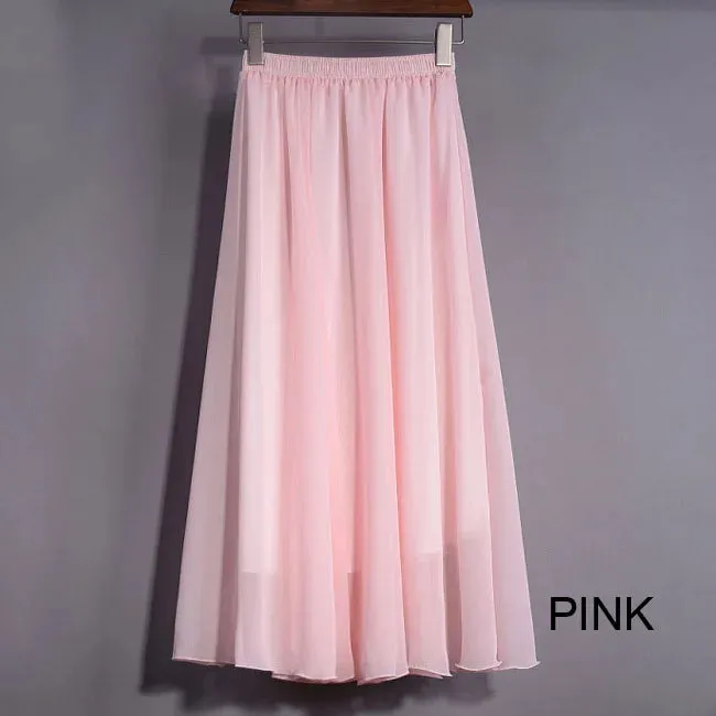 Women's Elegant High Waist Chiffon Skirt Elastic Waist Casual Long Maxi Skirts Saias 80/90/100cm 22 Color 2020 Summer Autumn New