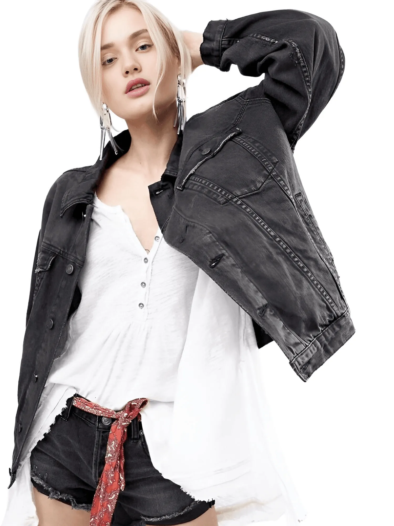 Women's Floral Embroidered Black Denim Jacket