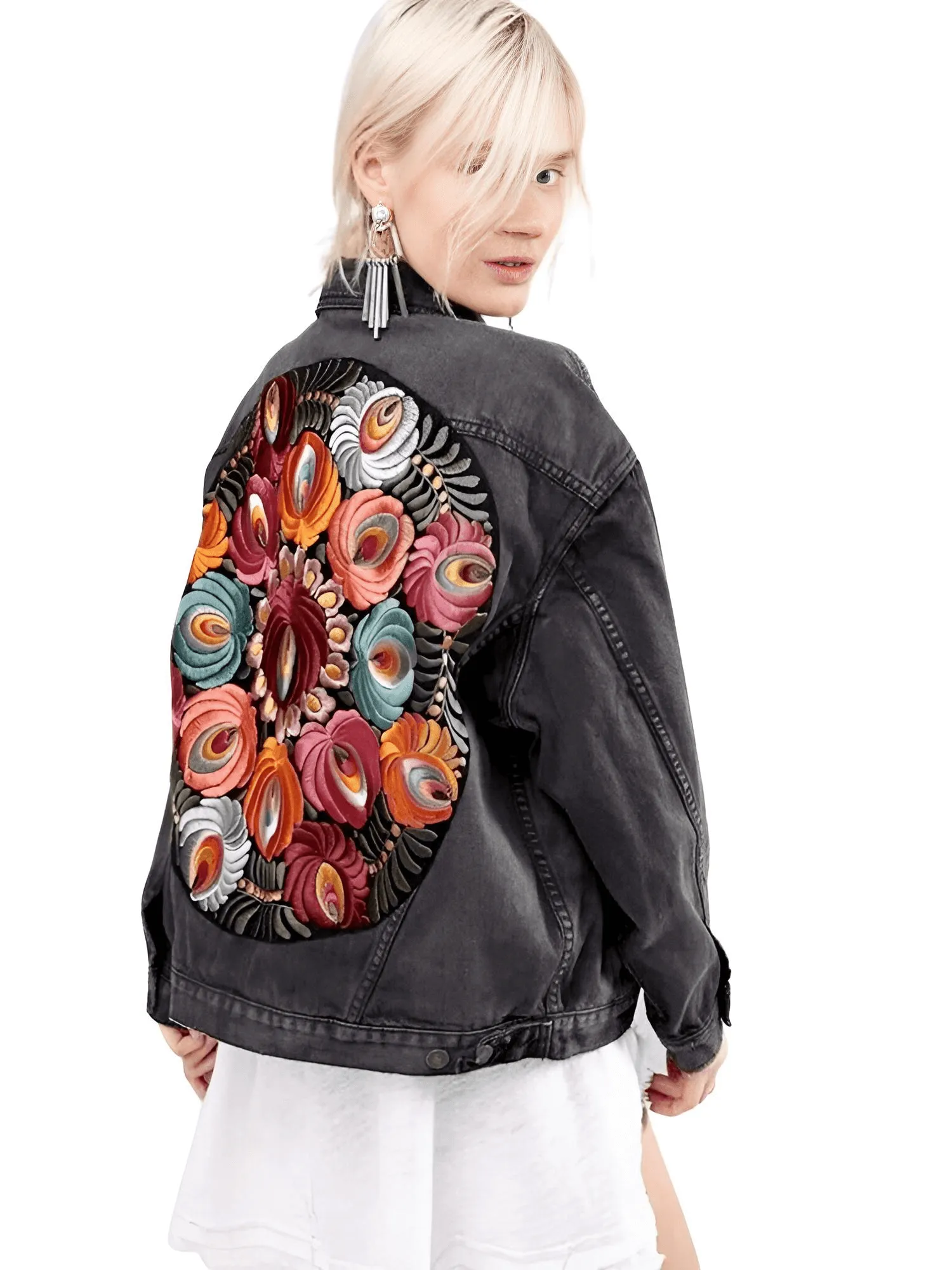 Women's Floral Embroidered Black Denim Jacket